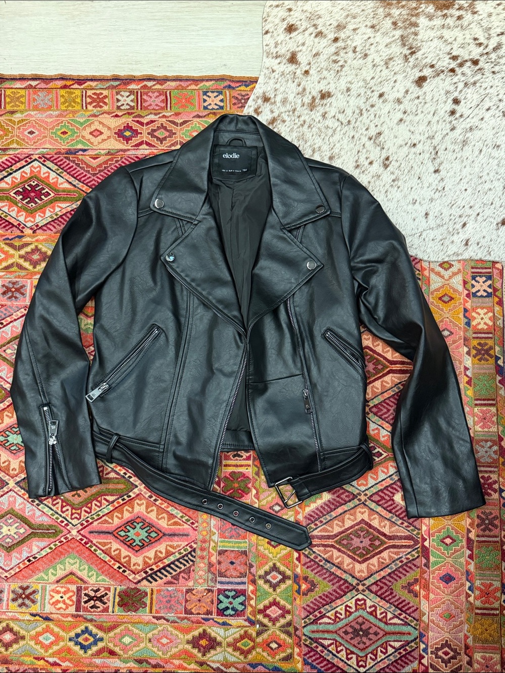 Elodie Black Faux Leather Moto Jacket with Belt